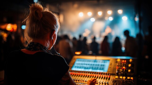 Female sound engineer operating a mixing console at a live music concert