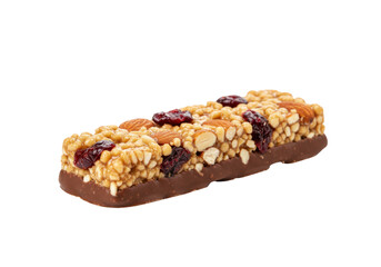 Chocolate granola bar with nuts and cranberries isolated, healthy snack for energy and nutrition on a transparent background