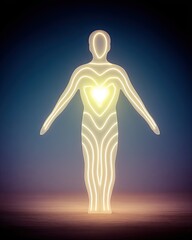 Futuristic vision Abstract Glowing Human Figure with Heart Symbol in Neon Lights digital artwork about success, leadership and vision