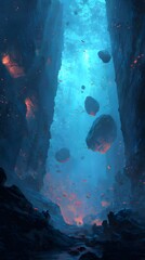 Fantasy Deep Sea Landscape with Levitating Rocks

