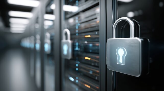 Close-up of a digital padlock on a server rack symbolizing strong data security and protection in a data center