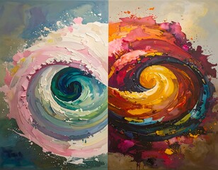 Abstract swirl painting, split composition