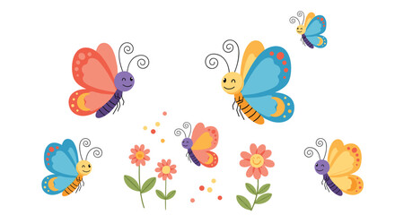 A group of beautiful colorful butterflies flying around flowers in the field.