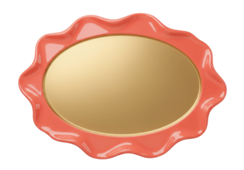 Coral pink wavy frame with golden oval isolated on transparent background, decorative element for design and scrapbooking PNG