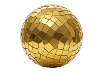 Golden disco ball isolated on transparent background, shiny sphere with mosaic pattern for party decoration and festive events