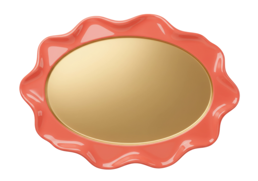 Coral pink wavy frame with golden oval isolated on transparent background, decorative element for design and scrapbooking PNG