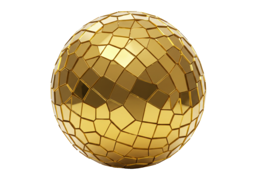 Golden disco ball isolated on transparent background, shiny sphere with mosaic pattern for party decoration and festive events
