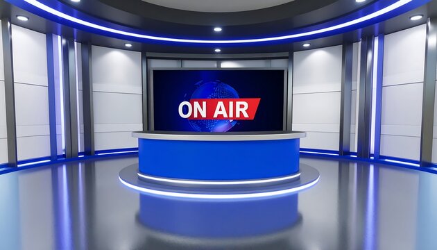 Modern news studio set with a circular desk