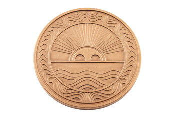 Bronze medallion with sun and waves design isolated on white, decorative element for nautical themes and coastal decor