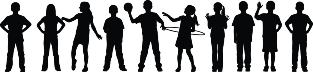 Group of kids silhouettes playing, hula hooping, and posing – diverse children having fun, active boys and girls, childhood joy vector