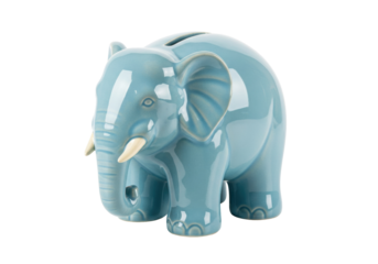 Light blue ceramic elephant piggy bank isolated, savings and financial concept for kids room decor and money management education