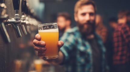 Smiling, bearded man holding up a glass of freshly poured craft beer with tap handles visible in the foreground