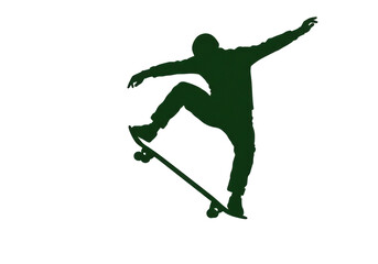 Skateboarder silhouette doing a trick isolated PNG, extreme sport athlete performing stunt on skateboard on transparent background