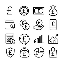 Fototapeta premium Sterling pound money currency icon collection. Outline symbols. Line design