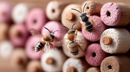 Three bees hovering near colorful wooden beads in soft light.