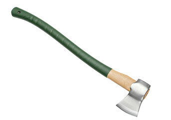 Axe with green handle isolated on transparent background, wood splitting tool for forestry and outdoor activities