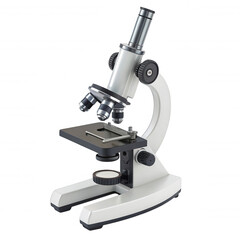 A detailed, transparent background white and silver microscope on a black background