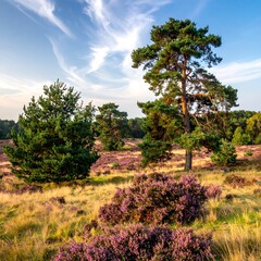 Fototapeta premium Open field with trees and wildflowers