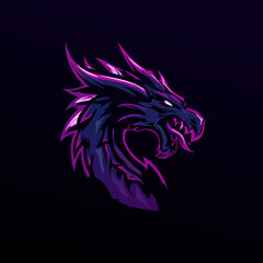 Naklejka premium Fierce Dragon Head Illustration with Glowing Purple and Blue Tones. Aggressive Fantasy Beast Design for Gaming and Esports Mascots.