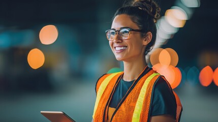 Portrait of a young woman in a safety vest and glasses smiling while holding a digital tablet at night