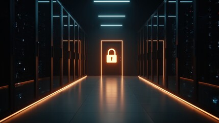 Digital security concept with a glowing padlock icon on a closed door in a dark data server room