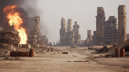 Destroyed Urban Landscape in Desert Conflict

