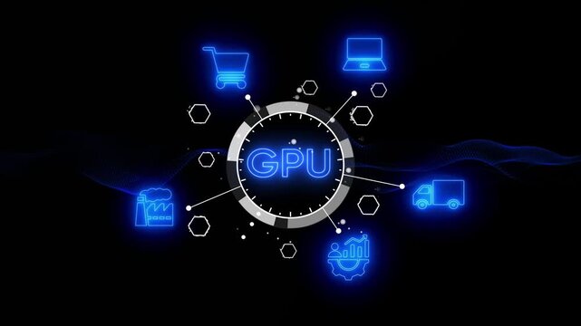 Centralized GPU processing unit with connected industry and commerce icons on a dark digital background
