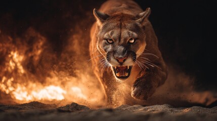 Beautiful big mountain lion with dust and fire on black background. Wildlife scene. Angry big cat in fiery ambience. 
