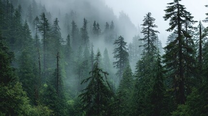 Fototapeta premium Lush Green Forest with Tall Trees and Soft Mist.