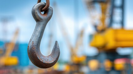 Close-up of a rusty, heavy-duty metal crane hook against a blurry industrial background
