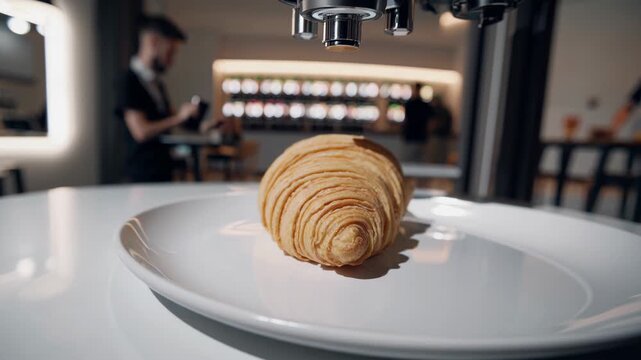 Croissant standing vertically on a white plate in a modern coffee shop, with a person working in the blurred background, creating a unique repeating pattern