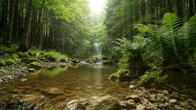Peaceful stream flowing through a lush green forest leading to a beautiful hidden waterfall in a pristine natural environment.