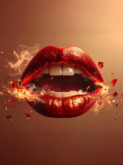 Massive mouth covered in earth and gold dust elements. AI-generated digital art representing decay, consumption and transience. Conceptual visual for environmental and economic topics.
