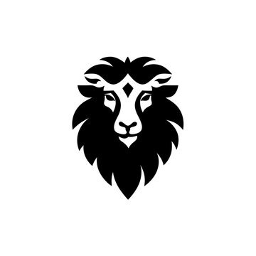 Abstract black sheep or ram head with a majestic mane and decorative forehead mark, modern graphic design element for logos and branding.