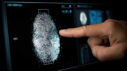 Hand scanning a digital fingerprint for access on a black biometric screen