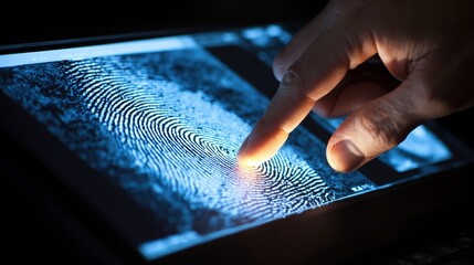 Finger touching a digital fingerprint for biometric security on a dark blue tablet screen