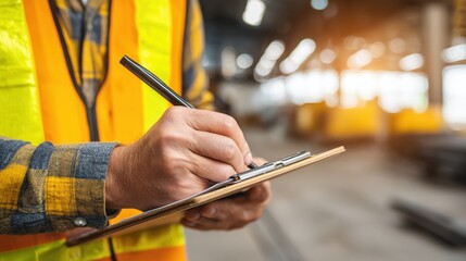 Close-up of a worker in a safety vest writing on a clipboard with industrial background