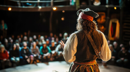Obraz premium Pirate actor performing on stage in front of a live audience, viewed from behind, wearing a tricorn hat and period costume, engaging spectators in a captivating theatrical play or storytelling event, 