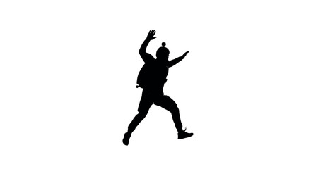 Silhouette of a skydiver in mid air on a white background