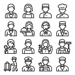 Hospitality worker vector icons. Outline symbols. Line design