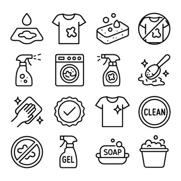 Cleaning and stain removal icon set. Outline symbols. Line design