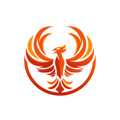 Obraz premium Stylized fiery phoenix bird graphic illustration with spread wings in a circular emblem, symbolizing power, strength, rebirth, and renewal.