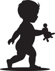 Black silhouette of a toddler walking and holding a stuffed toy baby child