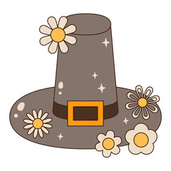 Groovy Thanksgiving Day hat. Happy Thanksgiving Cute Element. Thanksgiving hat with flower Vector Illustration