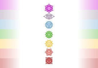 Set of beautiful indian ornamental 7 chakras. Chakra vector symbols signs, mystical esoteric, yoga and meditation. Buddhism, Hinduism