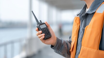 Worker using a two-way radio for communication on a construction site.