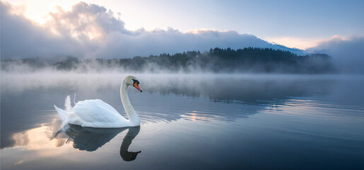 Majestic swan gliding on a misty lake at sunrise. Serene natural landscape with soft light and reflections. Ideal for wellness, mindfulness, and travel marketing. Calm mood.