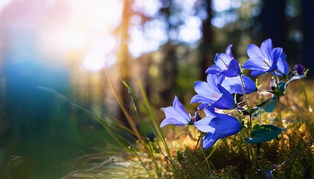 Flowers Blue Campanula On The Edge Of The Forest Beautiful Wild Flower Closeup With Copy Space