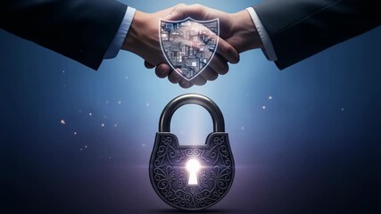 Business security concept with secure handshake showing business protection, digital shield, and padlock. Business security ensures protection of digital assets and sensitive data. - Powered by Adobe