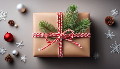 A Beautifully Wrapped Christmas Gift In Brown Paper Tied With Red And White Twine And Decorated With A Pine Branch